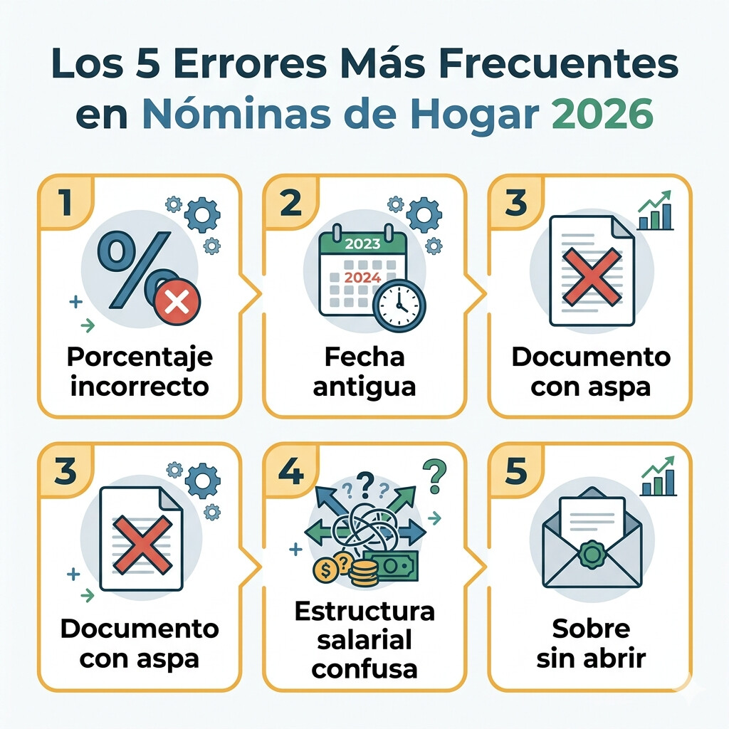 Diagrama visual 5 errores más frecuentes nóminas empleados de hogar 2026 que generan sanciones y diferencias de cotización