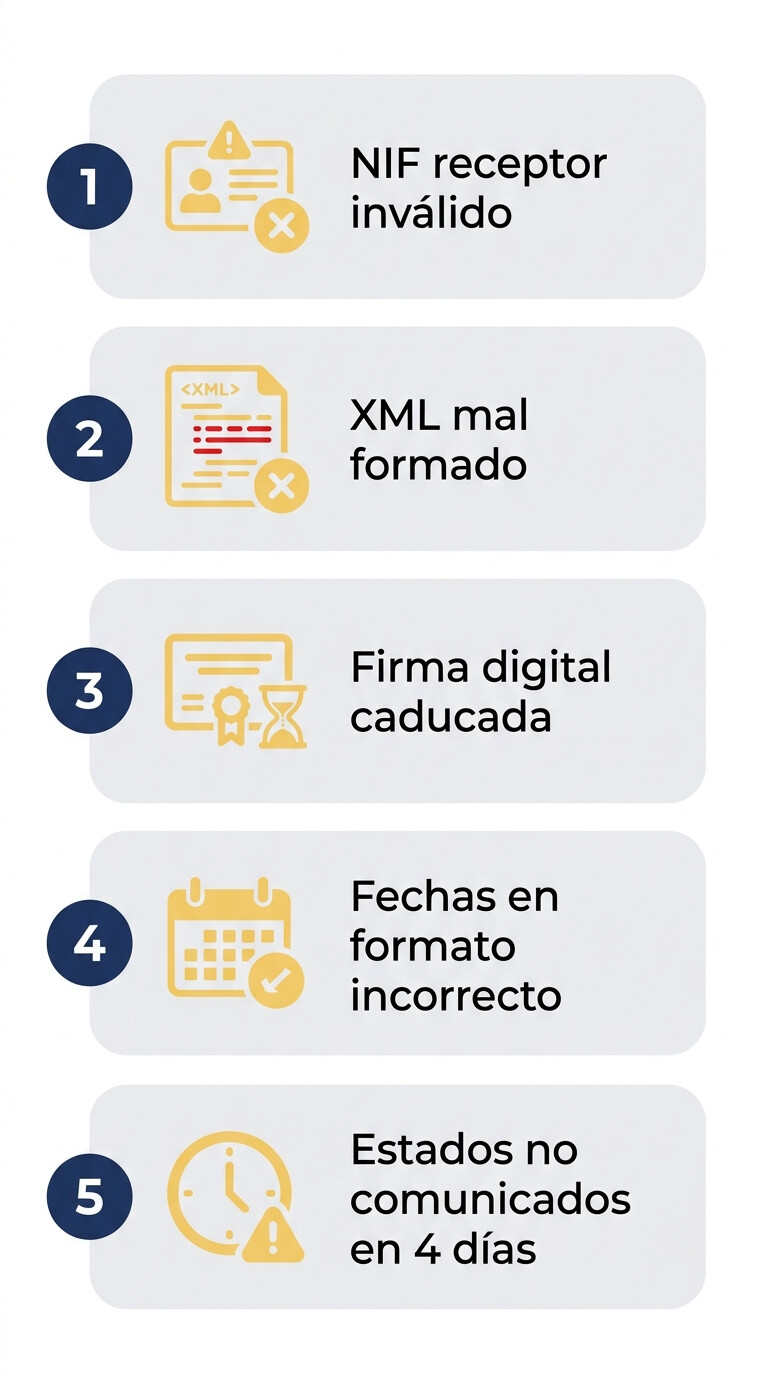 Las 5 trampas técnicas que generan rechazo automático en factura electrónica B2B: NIF inválido, XML mal formado, firma caducada, fechas incorrectas, estados no comunicados