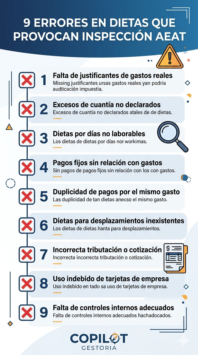 Infografía con los 9 errores más comunes en dietas y nóminas que provocan inspección AEAT