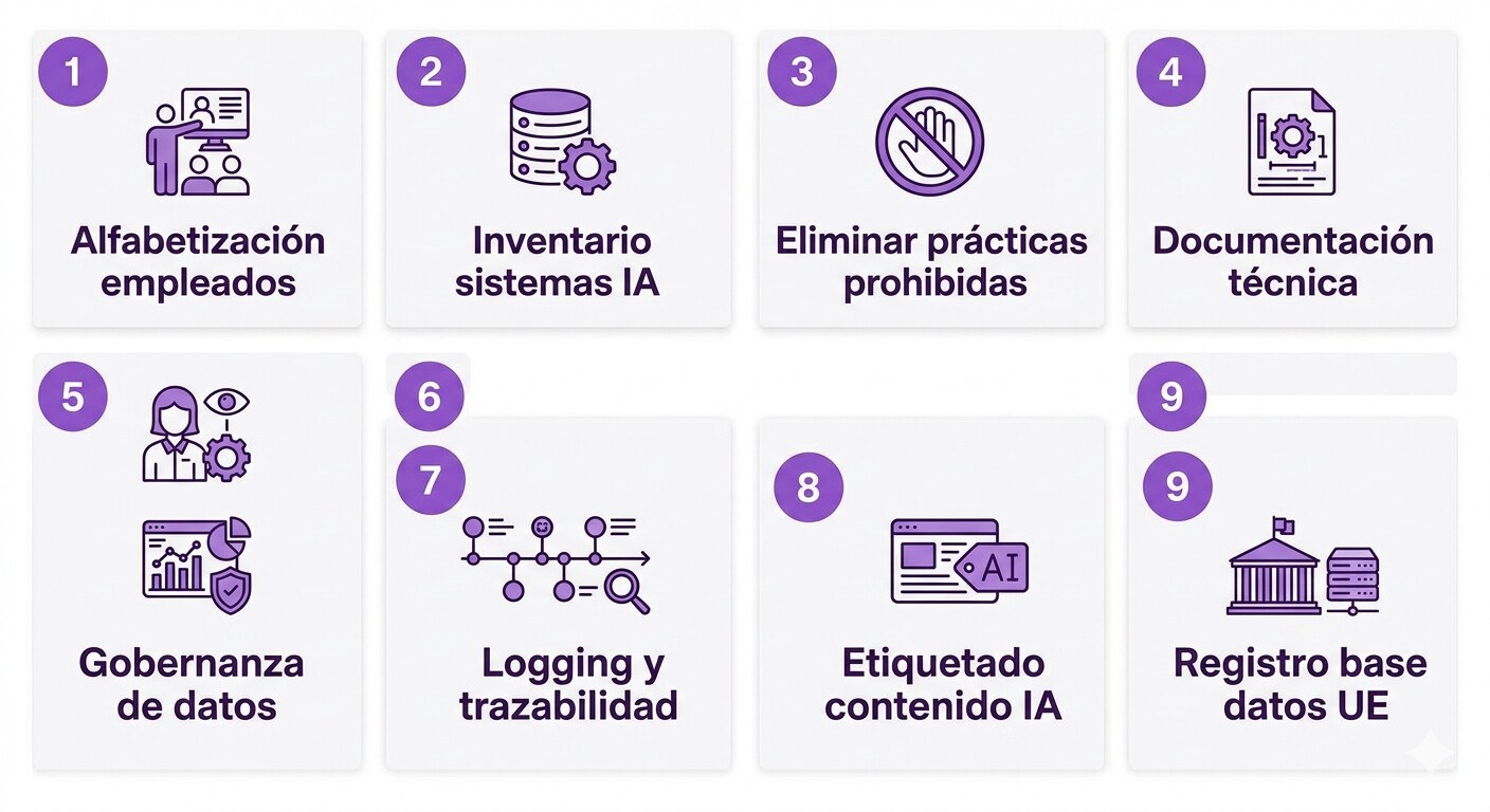 Infografía con las 9 obligaciones del Reglamento de Inteligencia Artificial para empresas españolas en 2026