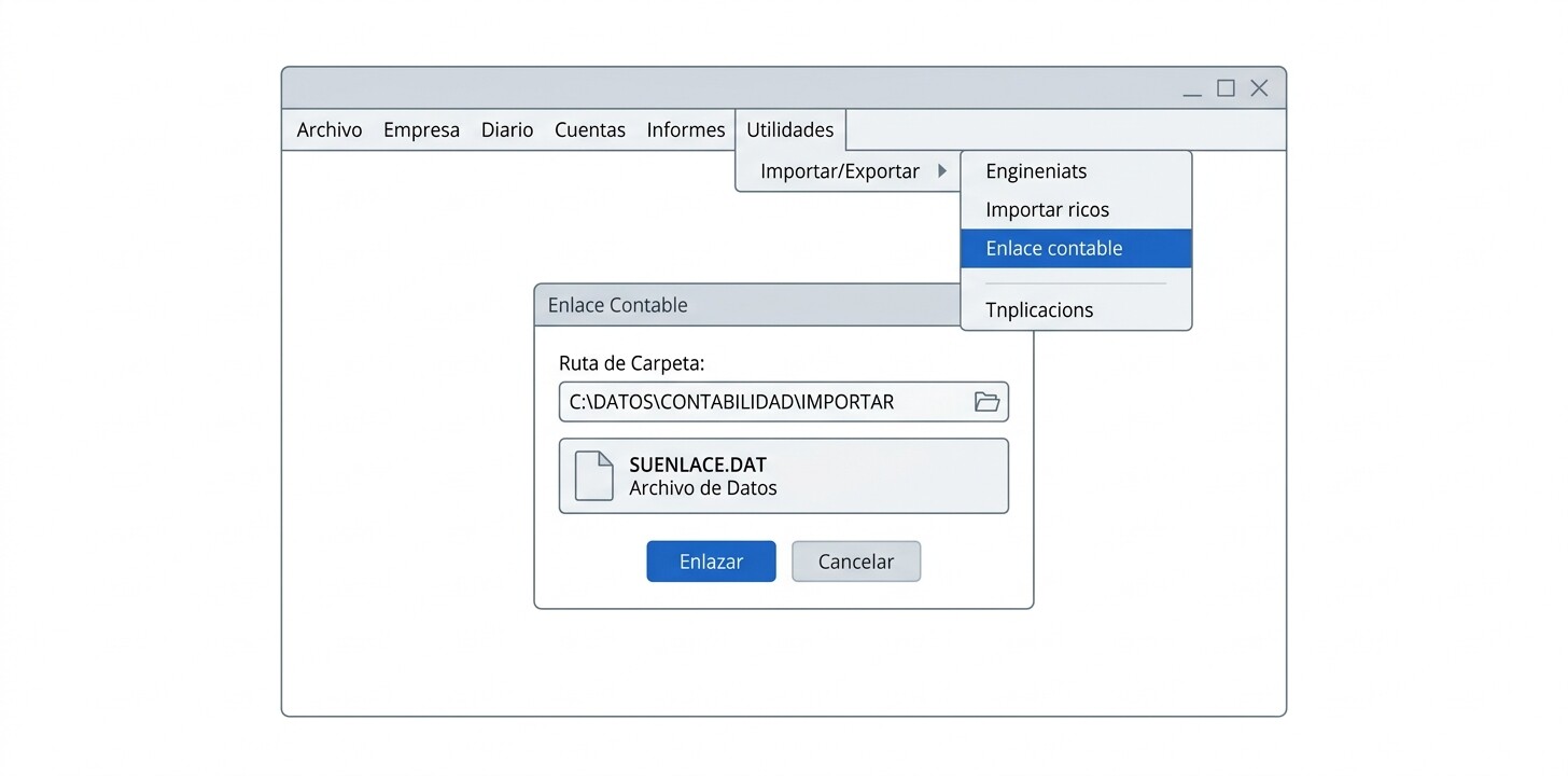 Ruta de menú en a3ASESOR para importar el fichero SUENLACE.DAT: Utilidades, Importar/Exportar y Enlace contable, con la carpeta indicada