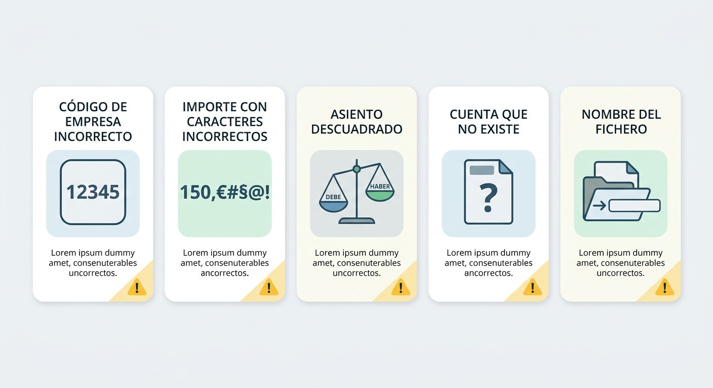 Errores frecuentes al importar el SUENLACE.DAT en a3ASESOR: código de empresa, importe, descuadre, cuenta inexistente y nombre del fichero