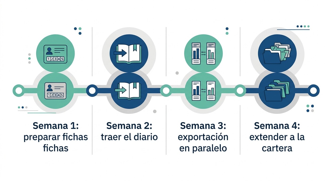 Plan de puesta en marcha en una gestoría con a3ASESOR: preparar fichas, importar diario, exportar el SUENLACE.DAT en paralelo y extender a la cartera