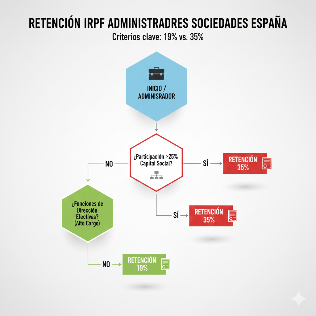 Diagrama árbol decisión administradores sociedades: Facturación sociedad menor €100k aplica 19% retención, mayor €100k aplica 35%, si presta servicios autónomo aplica 15%, con ejemplos prácticos