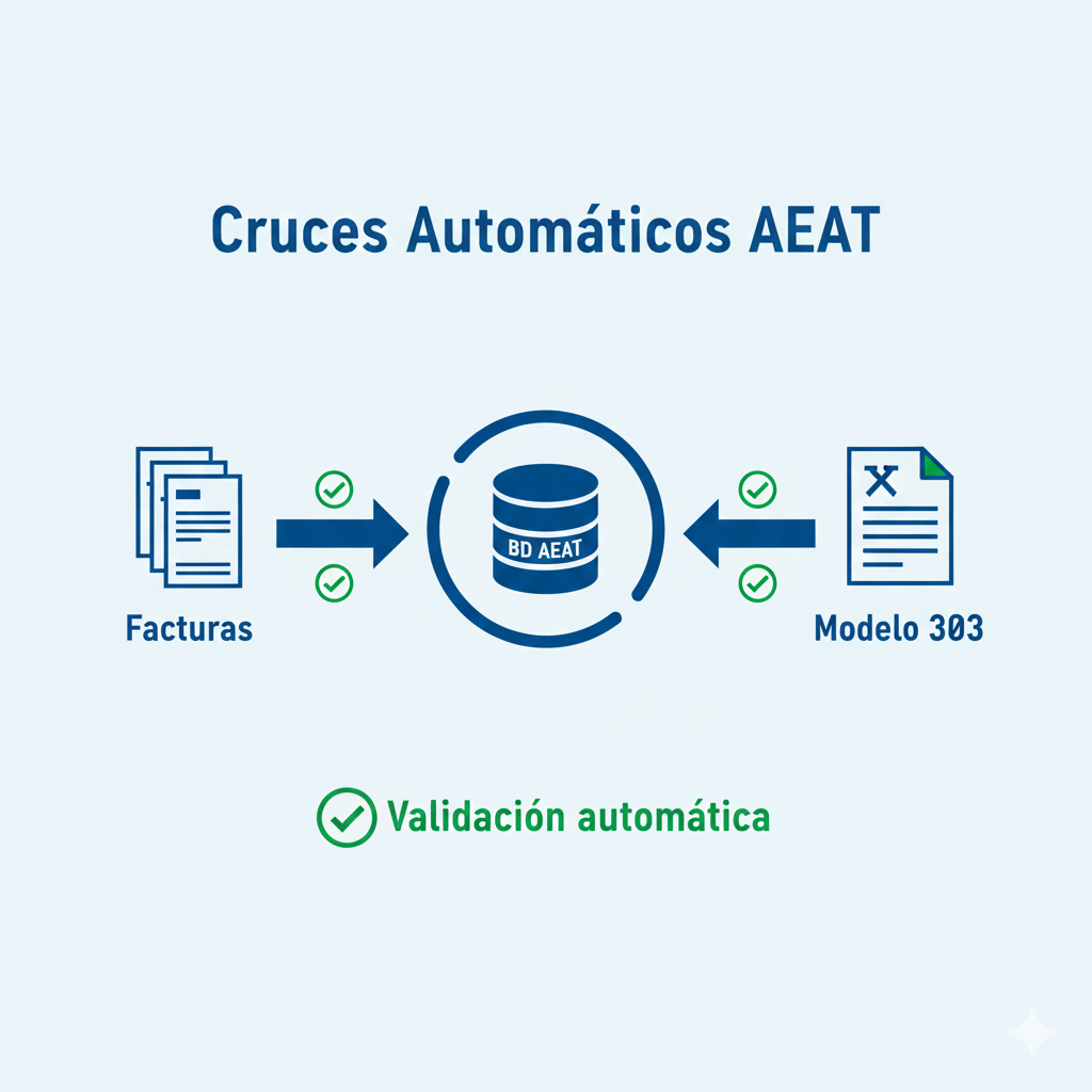 Diagrama cruces automáticos AEAT: Modelo 303 IVA trimestral se compara con Modelo 349 intracomunitario, Modelo 390 IVA anual, SII suministro inmediato información, extractos bancarios, facturas clientes, generando alertas automáticas si inconsistencias detectadas