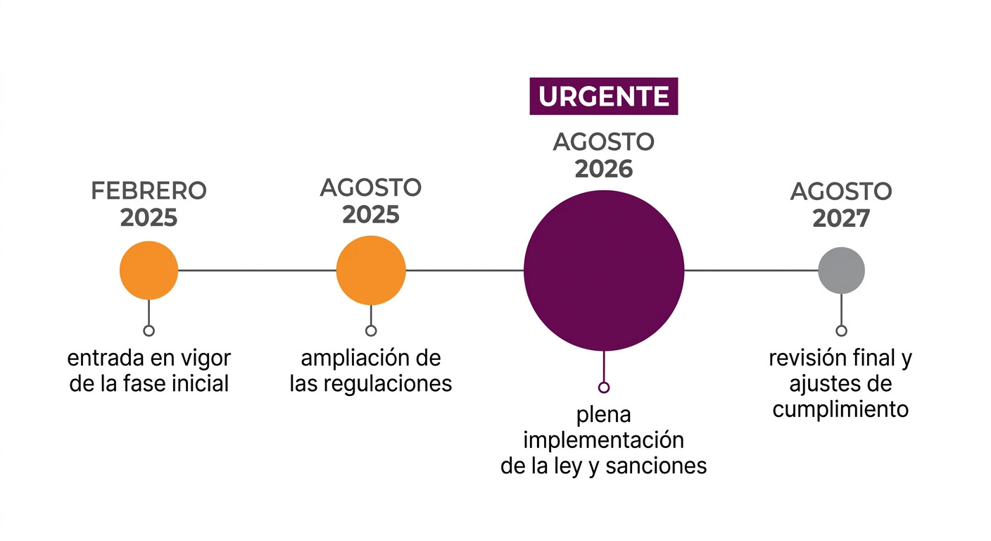 Línea de tiempo del Reglamento de Inteligencia Artificial europeo mostrando los cuatro plazos de aplicación entre 2025 y 2027