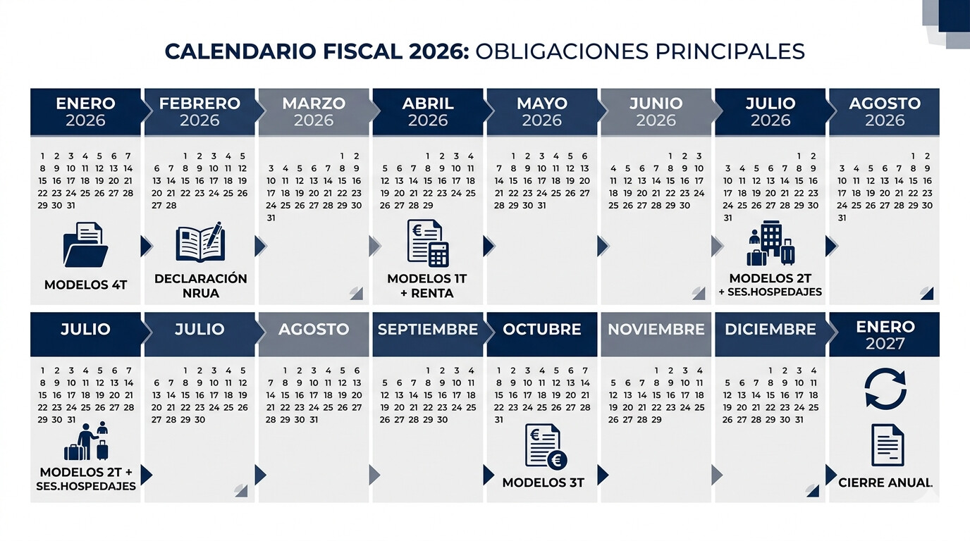 Calendario mes a mes de obligaciones del propietario con vivienda turística en España 2026: declaración NRUA febrero, modelos trimestrales abril julio octubre enero, IRPF junio