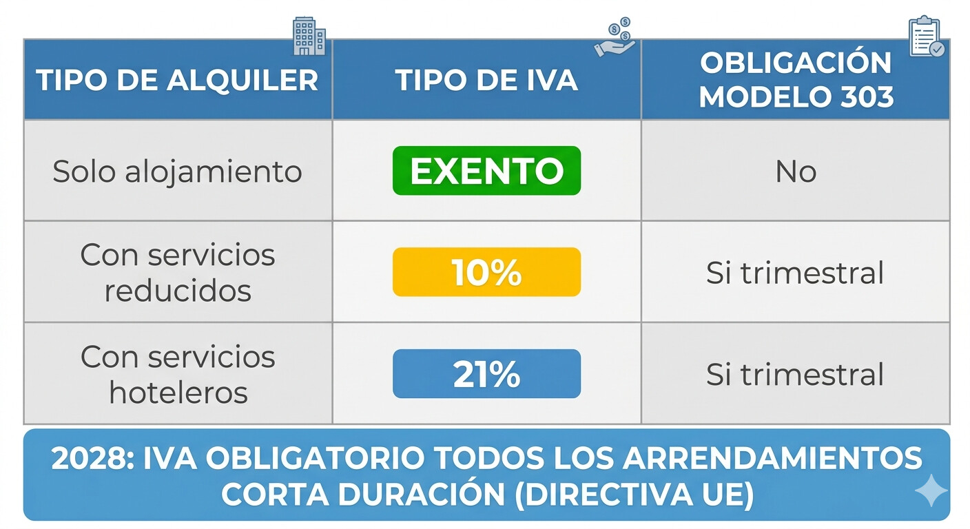 Cuadro resumen IVA alquiler turístico España 2026: exento sin servicios, 10% servicios reducidos, 21% servicios hoteleros y cambio previsto desde 1 julio 2028 por Directiva UE