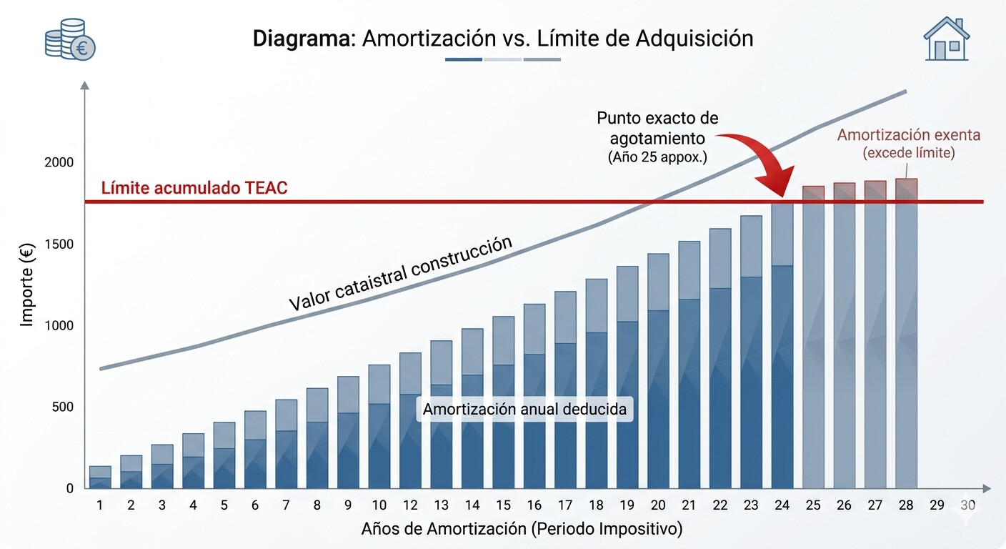 Diagrama que muestra cómo la amortización anual calculada sobre valor catastral supera año a año el límite acumulado fijado por el TEAC en el valor de adquisición de la construcción
