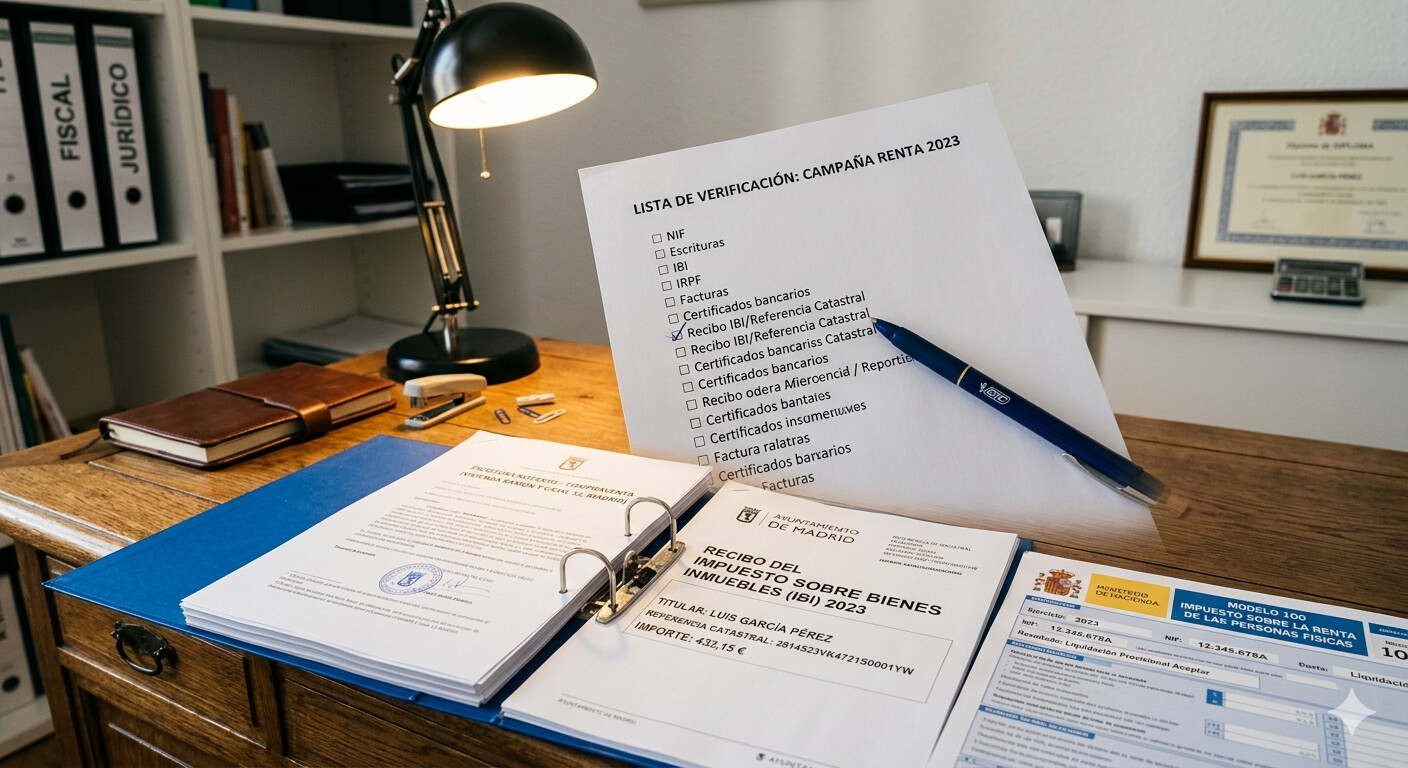 Mesa de despacho de gestoría con checklist de documentación fiscal para responder requerimiento AEAT sobre amortización de inmuebles en alquiler