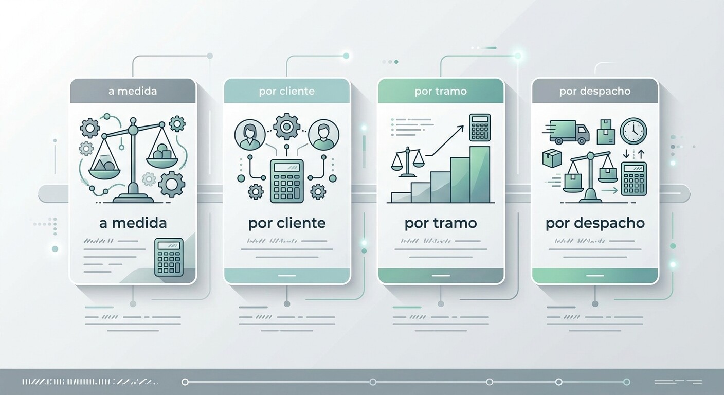 Esquema comparativo de tarifas públicas para despachos: Anfix PRO a medida, Quantum por cliente, Bilky por tramo y CopilotGestoria por despacho