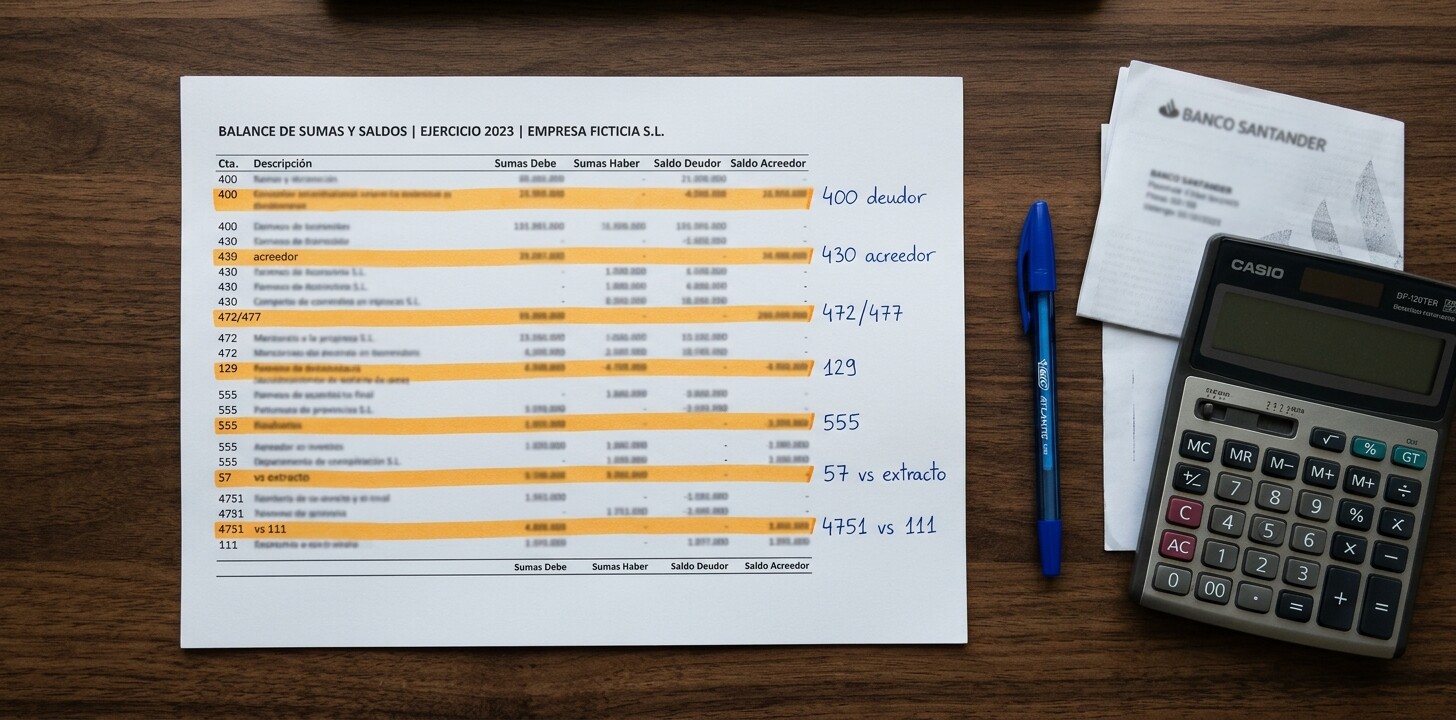 Lista de cuentas contables que se revisan antes del cierre del ejercicio: proveedores, clientes, IVA, cuenta 129, cuentas de paso, tesorería y retenciones