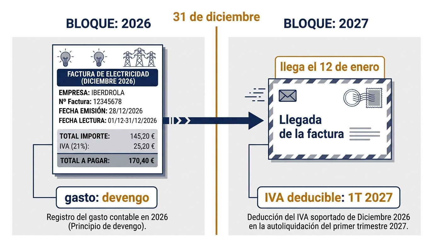 Esquema de una factura de diciembre de 2026 recibida en enero de 2027: el gasto se imputa a 2026 y el IVA se deduce en el primer trimestre de 2027