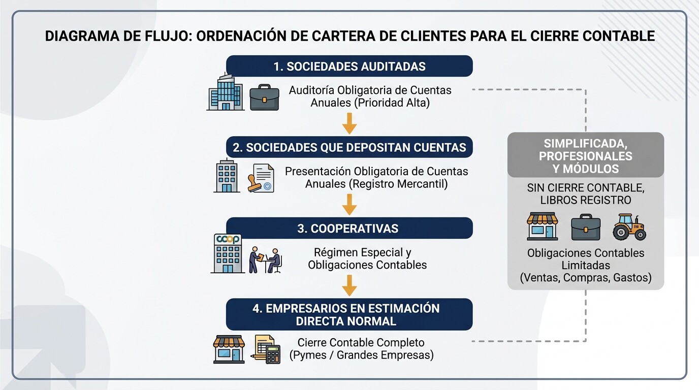 Orden de cierre de una cartera de clientes de gestoría por tipo: sociedades auditadas, sociedades que depositan, cooperativas, empresarios en estimación directa normal y simplificada