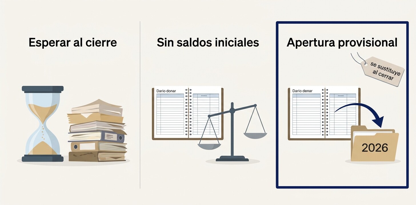 Comparativa de las tres formas de empezar el ejercicio 2027 con 2026 abierto: esperar al cierre, trabajar sin saldos iniciales y apertura provisional