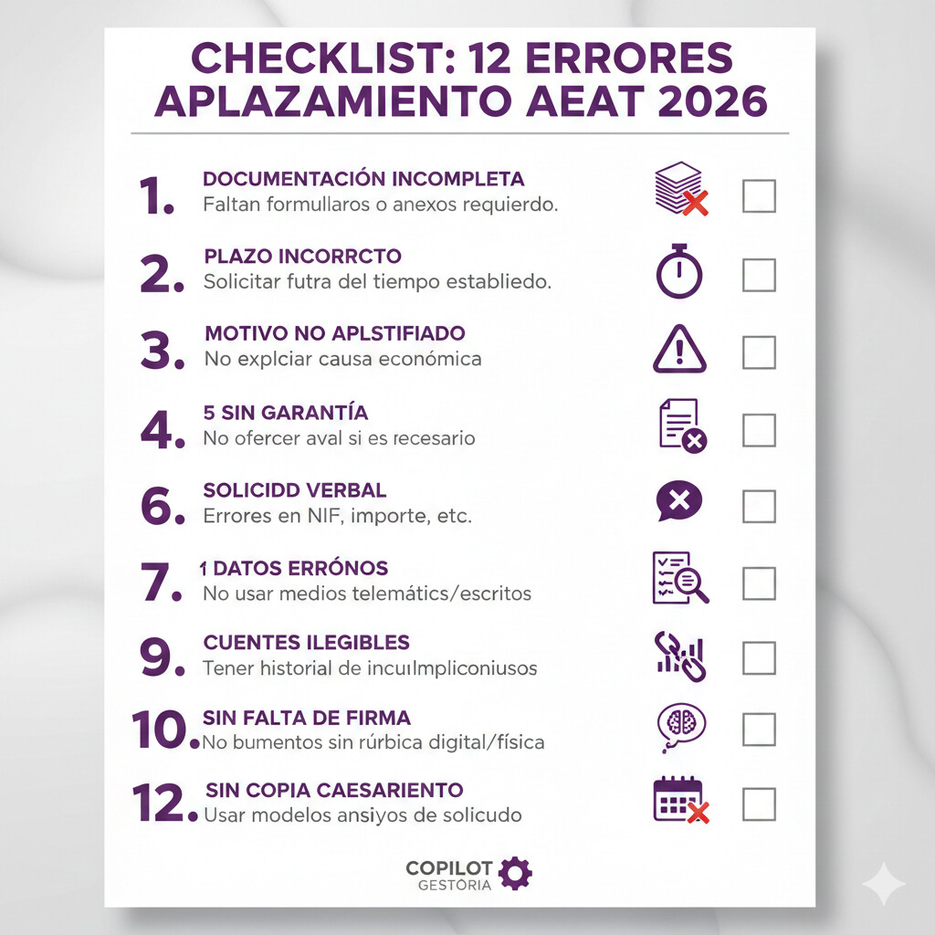 Infografía visual descargable con checklist de 12 errores comunes al solicitar aplazamiento de deudas con Hacienda y cómo evitarlos