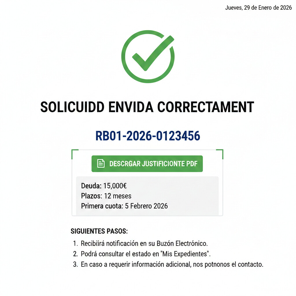 Screenshot de la pantalla de confirmación de solicitud de aplazamiento enviada con número de expediente y justificante PDF descargable
