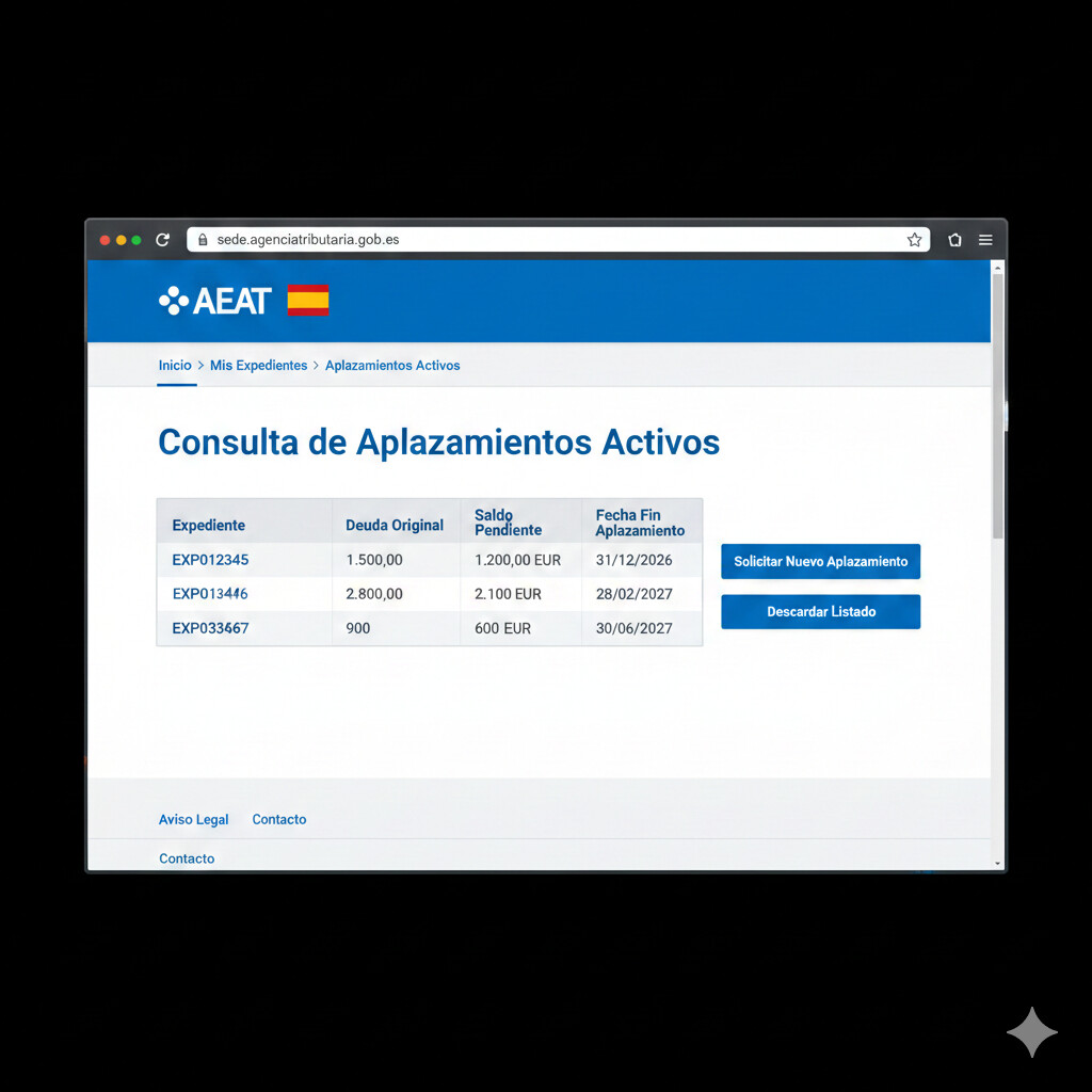 Screenshot de la sede electrónica AEAT mostrando cómo consultar el saldo pendiente de aplazamientos activos para calcular el límite acumulado