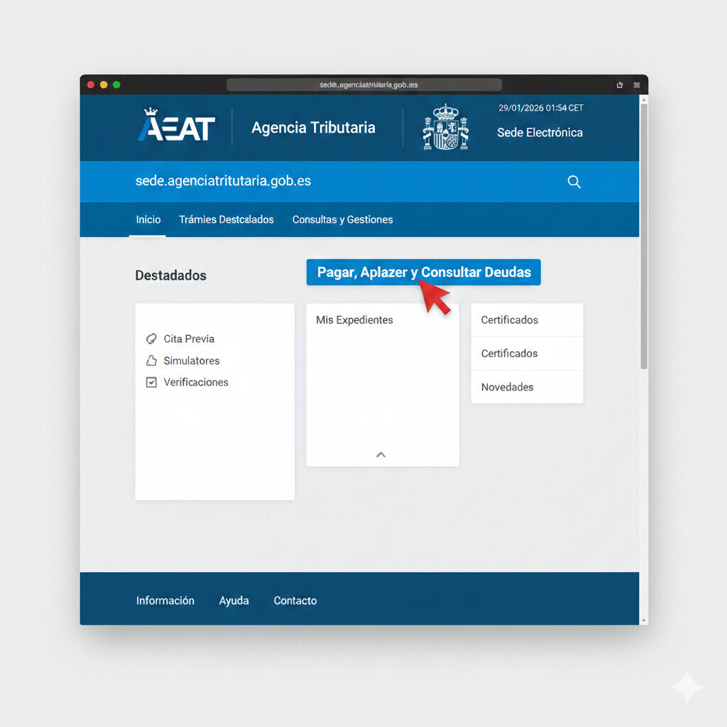 Screenshot del formulario de solicitud de aplazamiento AEAT mostrando campos de número de plazos, periodicidad, día de pago y cuenta bancaria
