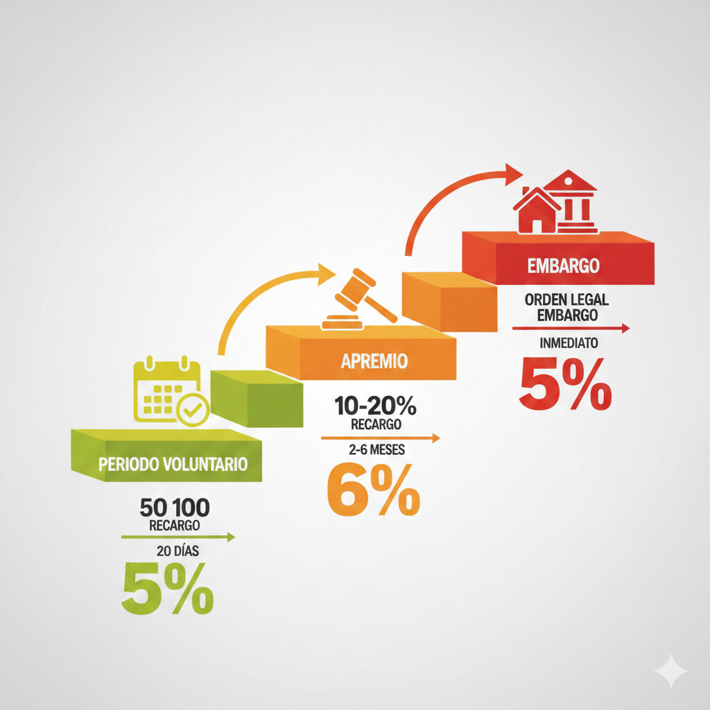 Infografía visual del proceso de apremio de Hacienda con 3 fases: periodo voluntario con recargo 5%, apremio con recargo 10-20%, y embargo de bienes