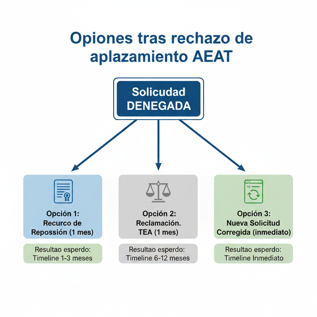 Diagrama de flujo con las 3 opciones disponibles tras rechazo de aplazamiento AEAT: recurso reposición, reclamación económico-administrativa o nueva solicitud corregida