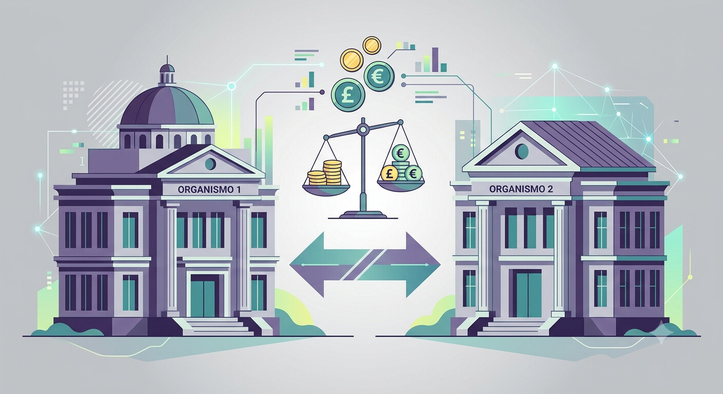 Ilustración con dos organismos públicos enfrentados y una balanza con monedas, para comparar dos regímenes de aplazamiento de deudas