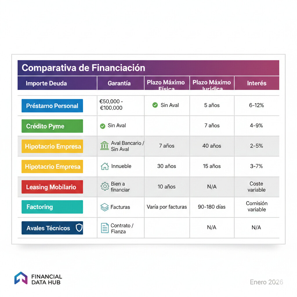 Tabla comparativa visual de plazos máximos de aplazamiento según importe de deuda, tipo de contribuyente y garantía aportada en 2026