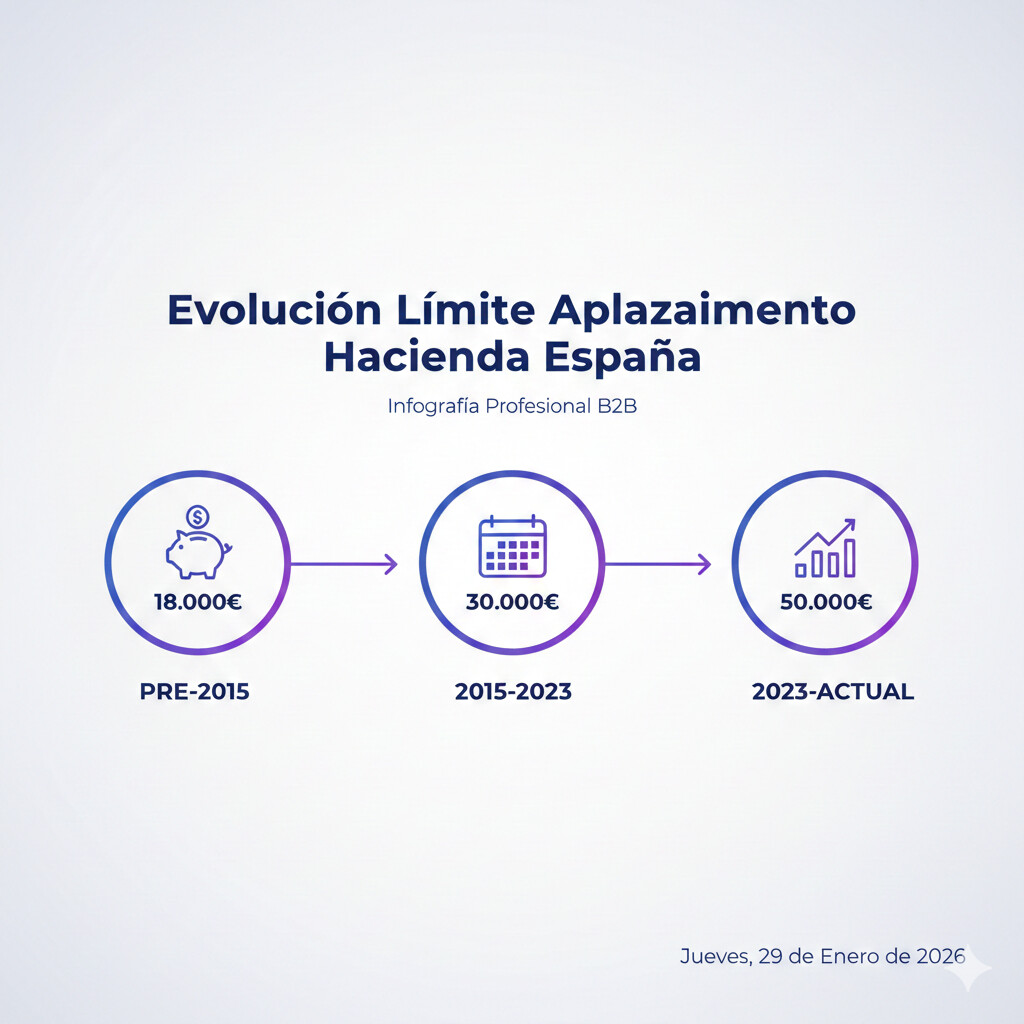 Infografía timeline evolución límite aplazamiento sin aval: 18.000€ (pre-2015), 30.000€ (2015-2023), 50.000€ (desde abril 2023)