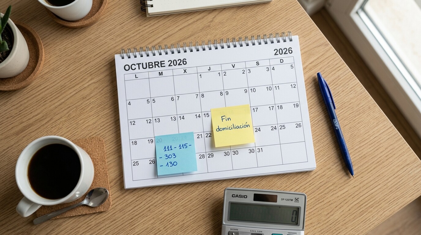Calendario de octubre de 2026 con el 15 marcado como fin de la domiciliación y el 20 como fin del plazo del 111 y el 115