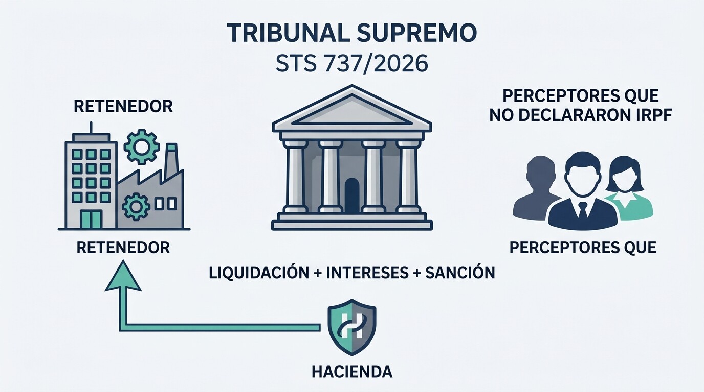 Esquema de la STS 737/2026: Hacienda exige al retenedor las retenciones no practicadas cuando los perceptores no declararon el IRPF