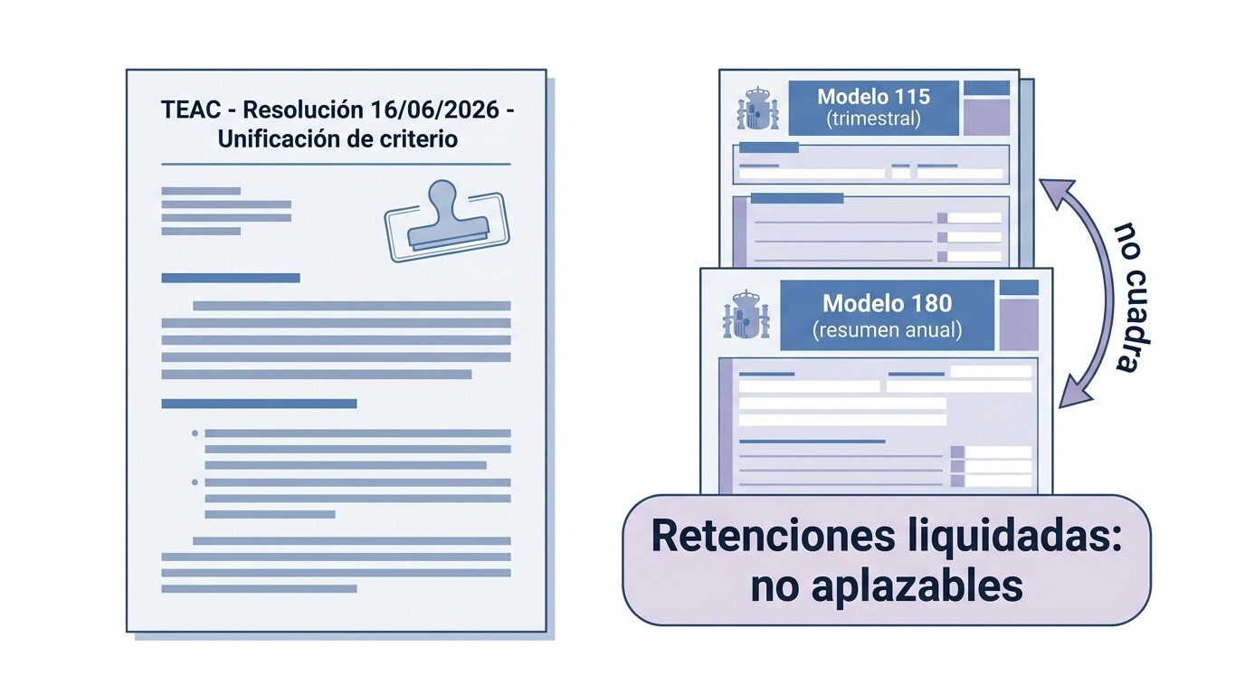Resolución del TEAC de 16 de junio de 2026 sobre retenciones no aplazables junto a los modelos 115 y 180 de un arrendamiento de local