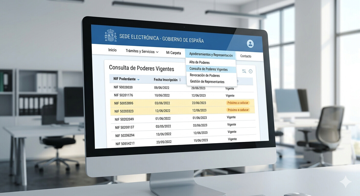 Pantalla sede electrónica AEAT para consultar el registro de apoderamientos y poderes vigentes