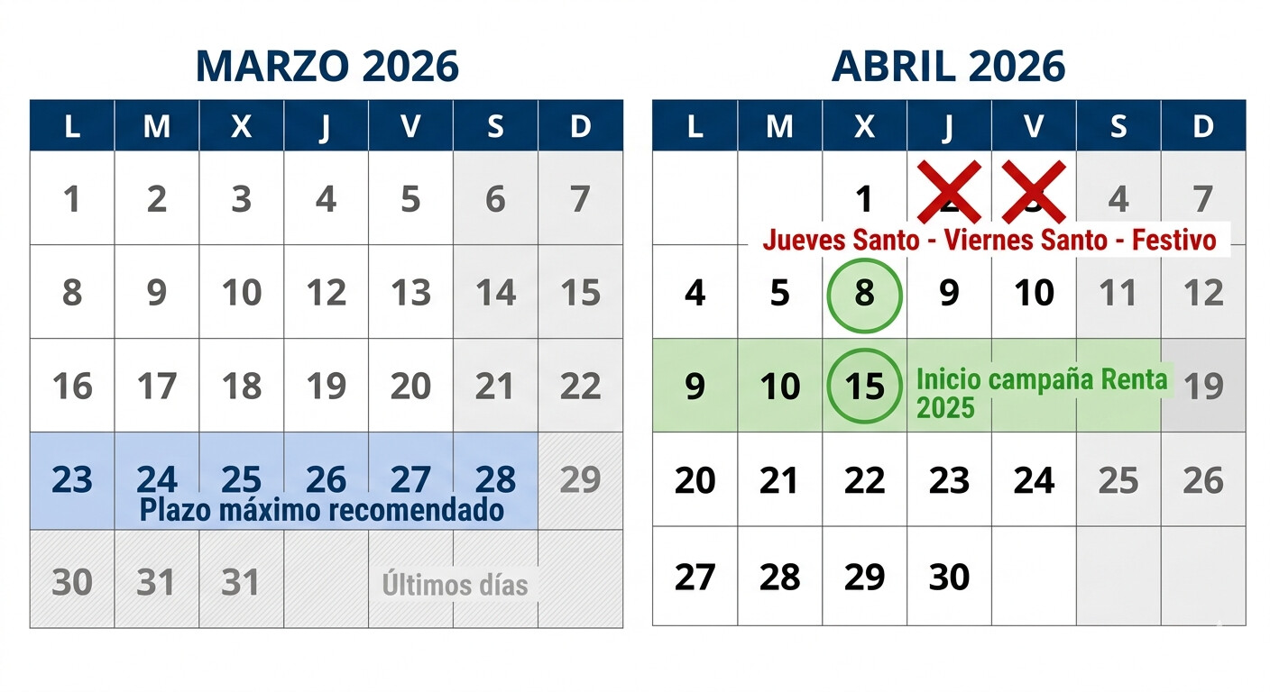 Calendario de Semana Santa 2026 con los plazos críticos para la caducidad de apoderamientos AEAT y campaña de la Renta