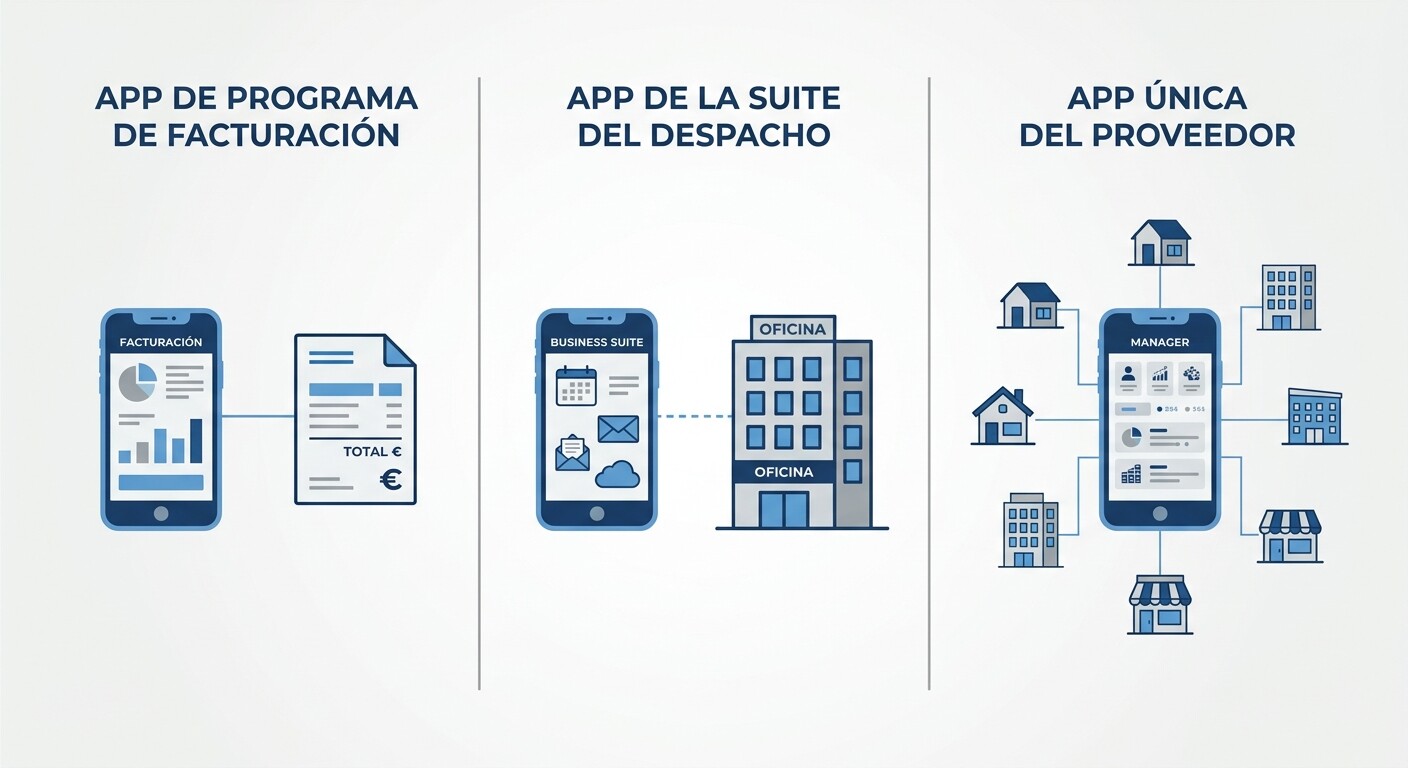 Esquema de los tres tipos de aplicación para clientes de una gestoría: de un programa de facturación, de la suite del despacho y app única del proveedor