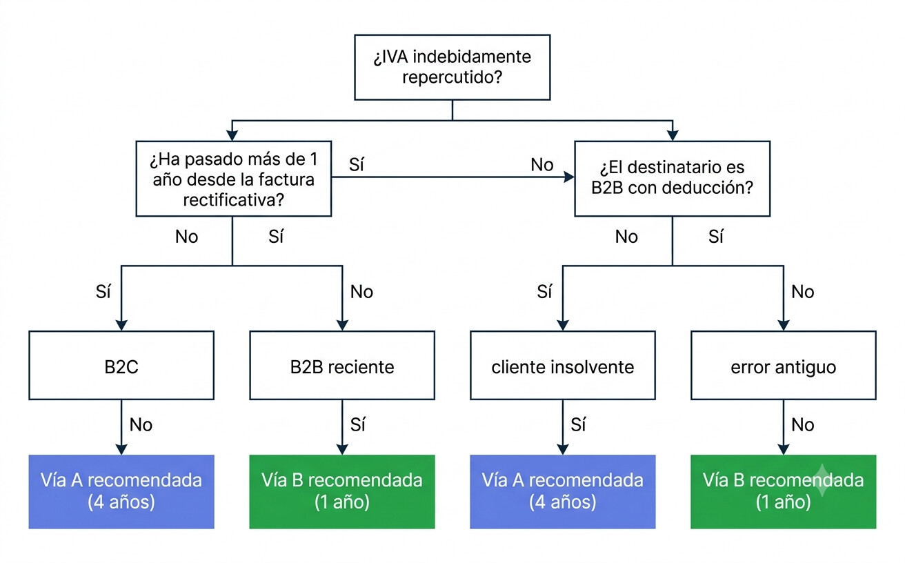 Flujograma árbol de decisión para elegir entre Vía A y Vía B al rectificar IVA indebidamente repercutido, con 4 escenarios y recomendación específica para cada uno