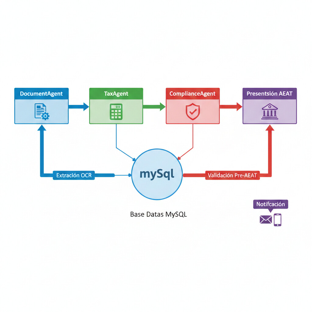 Diagrama arquitectura multi-agente mostrando flujo de datos desde factura PDF hasta presentación AEAT, pasando por DocumentAgent OCR, TaxAgent cálculo, ComplianceAgent validación y ClientAgent notificación