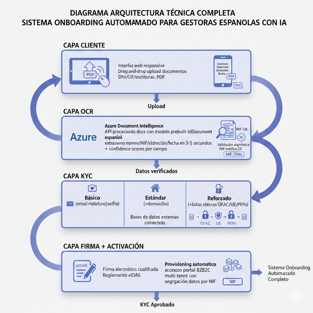 Cómo funciona paso a paso completa onboarding automatizado gestoría mostrando flujo desde upload cliente hasta activación servicios pasando por lectura automática de documentos tecnología lectura automática de documentos avanzada, validación NIF algorítmica, verificación de identidad digital, firma electrónica y portal B2B2C multi-tenant