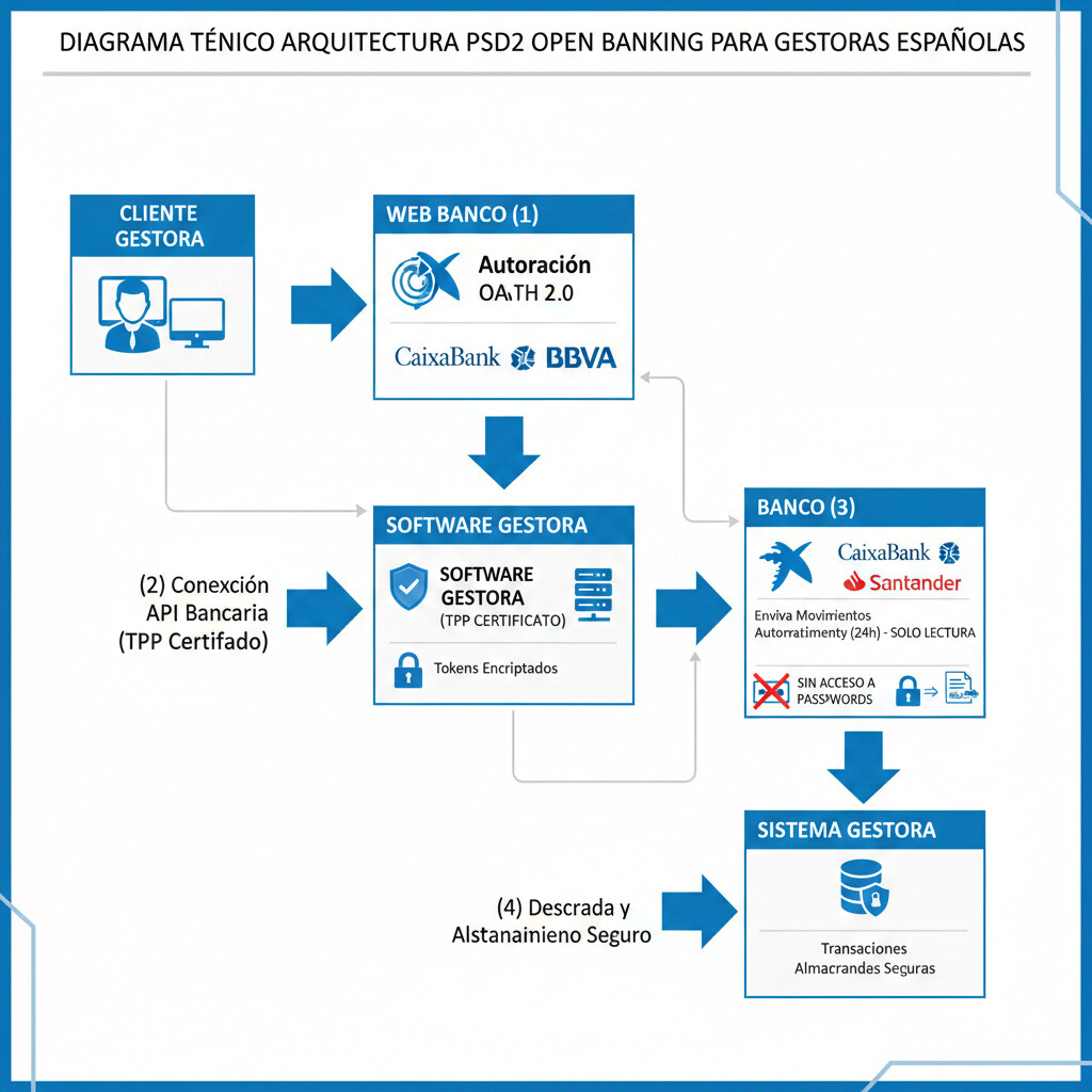Diagrama arquitectura PSD2 banca abierta: Cliente autoriza gestoría → Gestoría usa TPP certificado → TPP conecta conexión banco → Descarga movimientos automática cada 24h