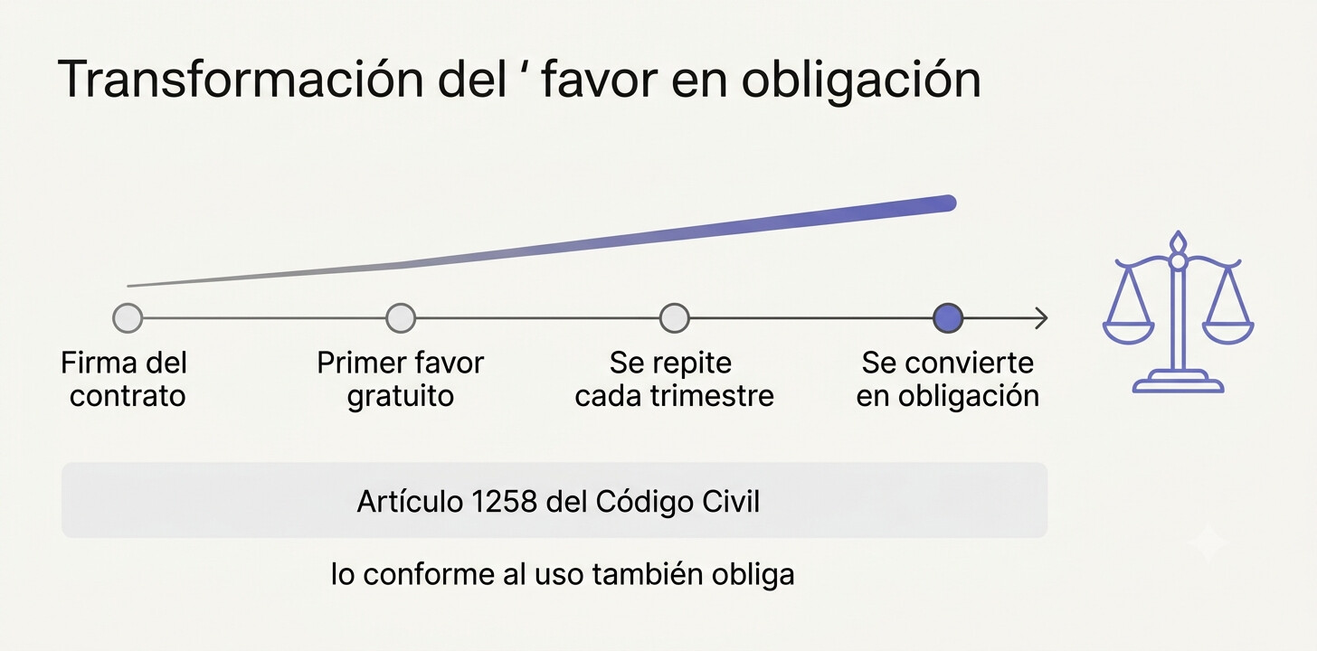 Diagrama que explica cómo el artículo 1258 del Código Civil convierte los favores repetidos de una gestoría en obligación contractual por vía del uso