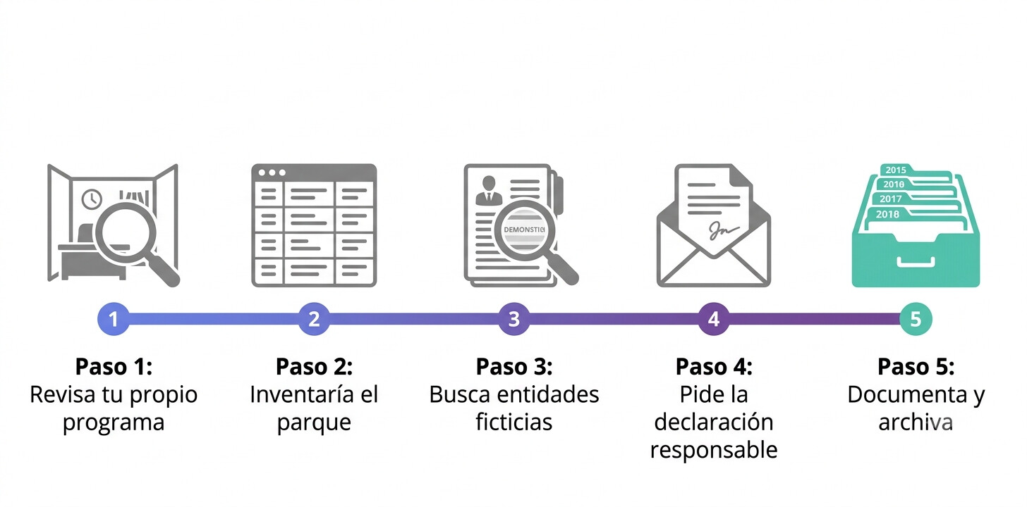 Proceso de auditoría del parque de software de facturación de una gestoría: inventario de clientes, versión del programa, declaración responsable y separación de entornos