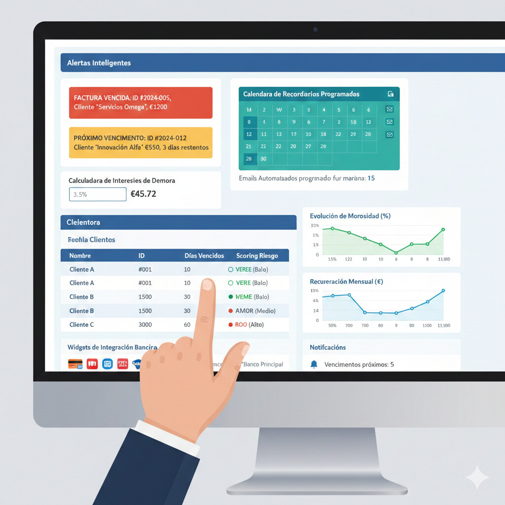 Dashboard moderno de software gestión cobros automatizado mostrando alertas inteligentes, recordatorios programados, cálculo automático intereses demora, scoring clientes por riesgo, integración bancaria y métricas tiempo real