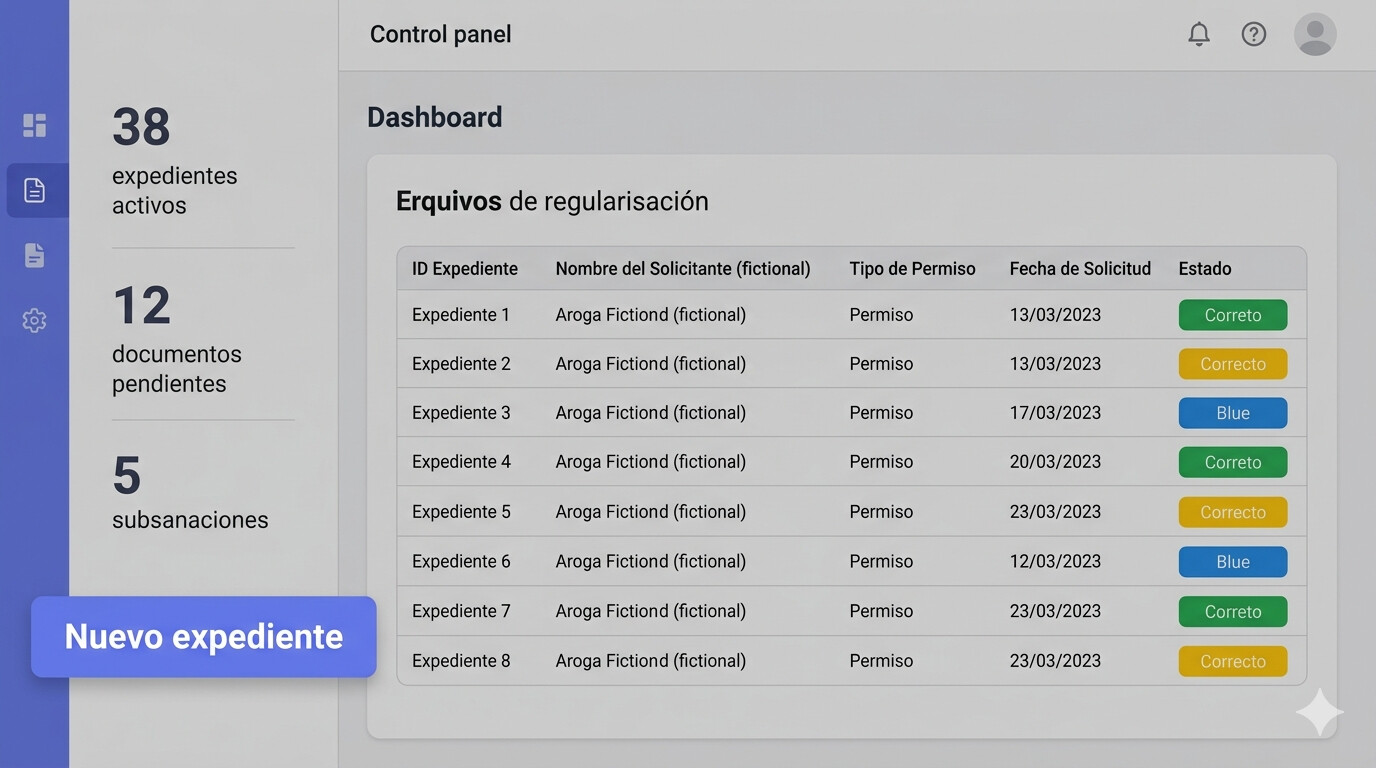 Panel de control COPILOT GESTORIA para gestionar expedientes de extranjería con estado, plazos y documentación centralizada