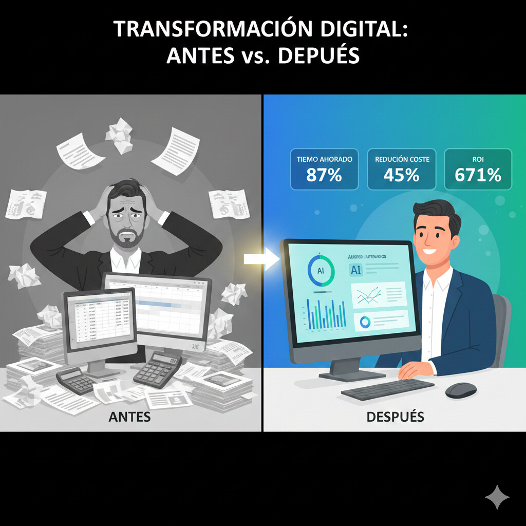 Infografía comparativa automatización vs manual en gestorías: lado izquierdo muestra gestor estresado con Excel y papeles, lado derecho muestra dashboard IA con alertas automáticas, métricas tiempo ahorrado y ROI 800-1200%