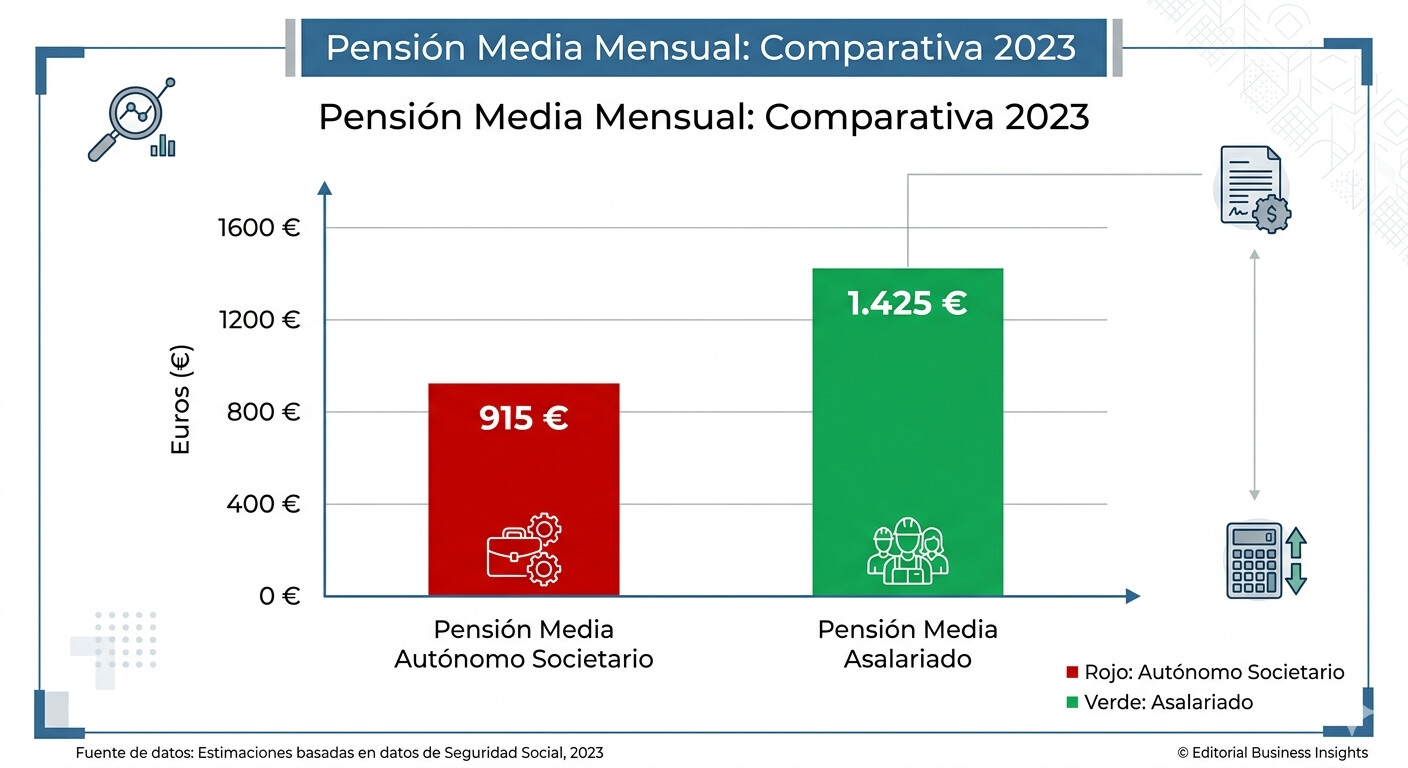 Gráfico que compara la pensión media del autónomo societario (607 euros al mes) con el salario activo de 5.000 euros mensuales, mostrando la brecha de la base mínima de cotización