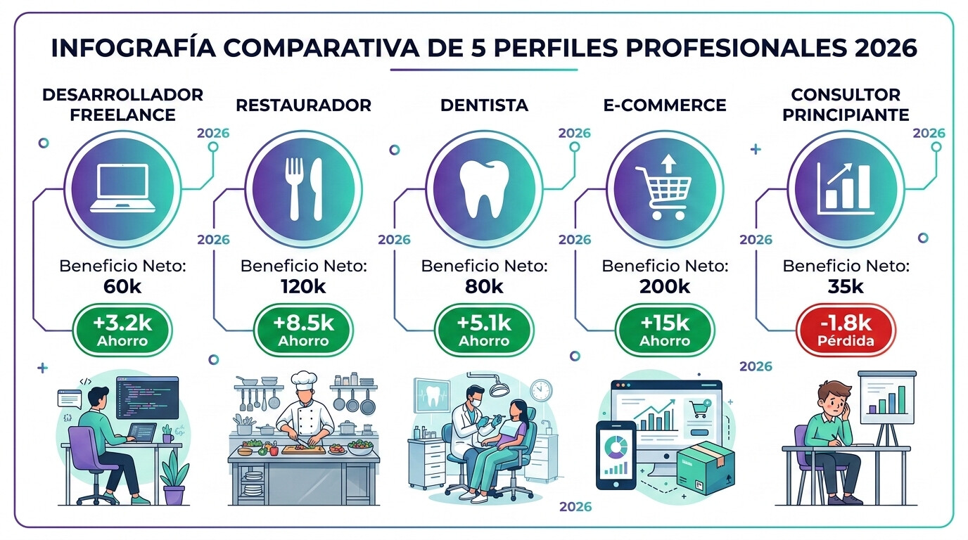 Infografía comparativa de 5 casos reales por sector mostrando beneficio neto, impuestos como autónomo vs SL, y ahorro anual conseguido tras migración