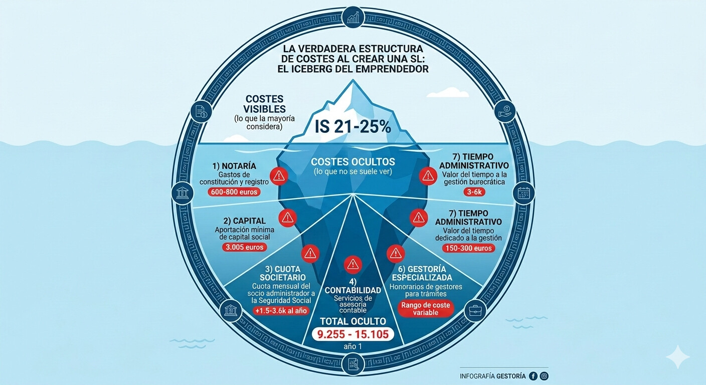 Infografía detallada de los 7 costes ocultos al crear una SL: notaría, capital social, cuota societario, contabilidad, depósito cuentas, asesoría fiscal y tiempo administrativo