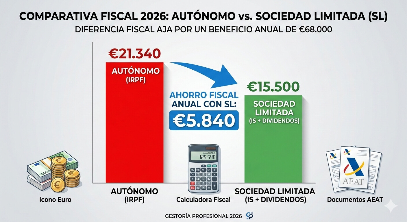 Comparativa visual impuestos autónomo vs SL unipersonal mostrando diferencia de 5.840€ en ahorro fiscal anual para beneficios de 68.000€