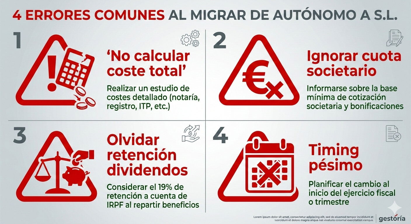 Infografía de 4 errores comunes al migrar de autónomo a SL: calcular solo IS vs IRPF, ignorar cuota societario, no considerar retención dividendos, timing pésimo del cambio