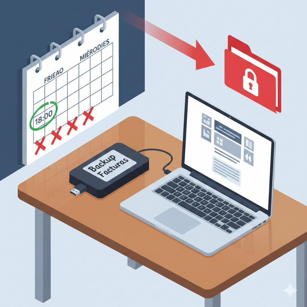 Ilustración de disco duro externo USB conectado a ordenador de gestoría con calendario mostrando viernes 18:00h, una X roja tachando días sin backup, y overlay de icono ransomware amenazando los datos, estilo infografía profesional