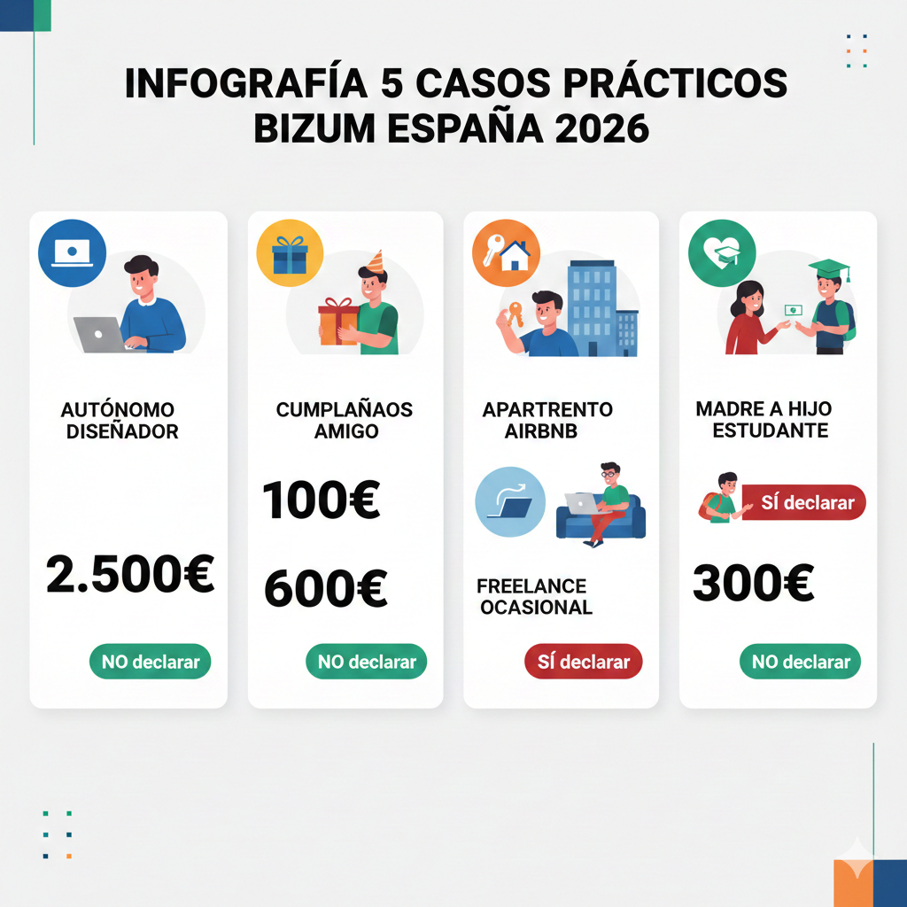 Infografía 5 casos prácticos Bizum: autónomo diseñador, cumpleaños particular, alquiler Airbnb, freelance ocasional, madre envía dinero hijo